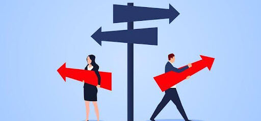 drawn image of man and woman holding arrows going in different directions KHM Attorneys at Law Colorado Springs, Castle Rock