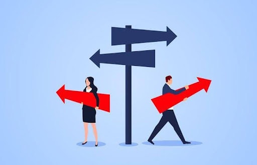 drawn image of man and woman holding arrows going in different directions KHM Attorneys at Law Colorado Springs, Castle Rock