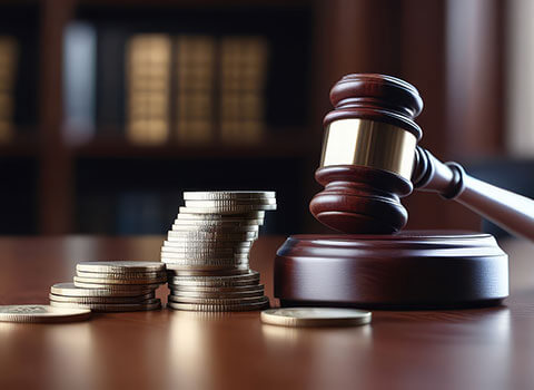 gavel and stack of gold coins on wood desk KHM Attorneys at Law Colorado Springs, Castle Rock